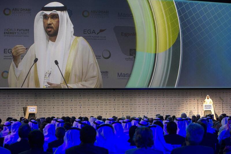   Sultan Ahmed Al Jaber, Minister of State and chairman of Masdar, speaks during the opening ceremony of the World Future Energy Summit 2016 at the Abu Dhabi National Exhibition Center in Abu Dhabi on January 18, 2016. Christopher Pike / The National