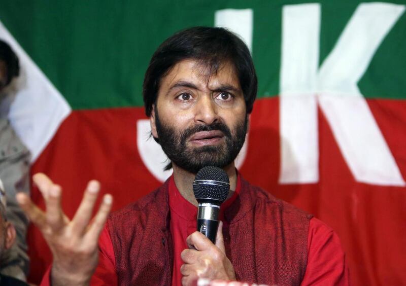Muhammad Yasin Malik, leader of the Jammu Kashmir Liberation Front, addresses a news conference in Srinagar on April 8, 2015, at which he called for protests against developing townships for the displaced Kashmiri Pandits. Farooq Khan / EPA