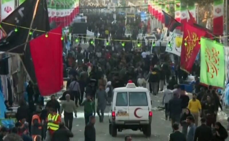 The blasts, which state TV called a 'terrorist attack', struck near Saheb Al Zaman Mosque in Kerman, Maj Gen Suleimani's hometown, where he is buried, as supporters gathered to mark his death in a US drone strike just outside Baghdad airport. AFP