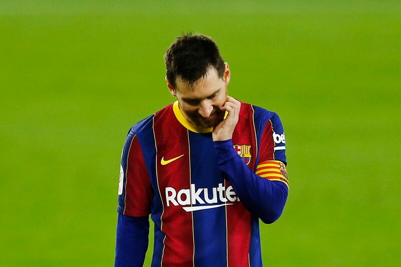 Barcelona's Lionel Messi reacts at the final whistle after the defeat by Sevilla. Reuters