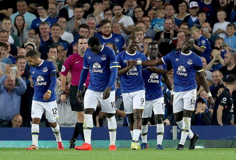 Everton's Arouna Kone, third right, celebrates scoring in the League Cup on Tuesday. Pete Byrne / AP