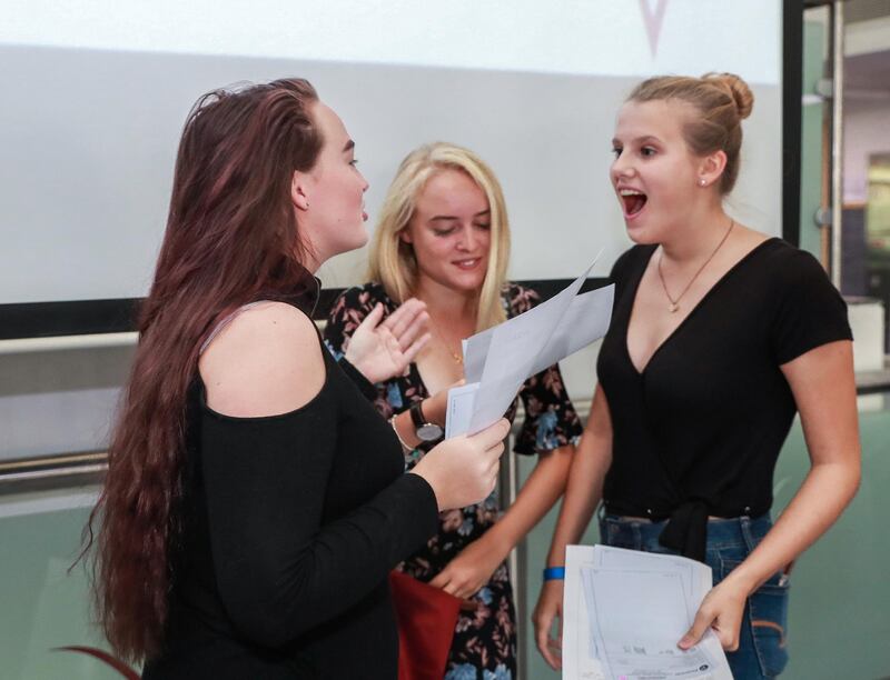 Dubai, U.A.E., August 23 , 2018.  GCSE results coverage at the Dubai British School.  (R) Saskia Roth- 16 is happy and shocked after getting her GCSE results.
Victor Besa/The National
Section:  NA
Reporter:  Nick Webster