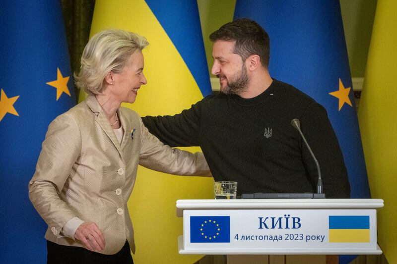 European Commission President Ursula von der Leyen meeting Ukrainian President Volodymyr Zelenskyy on Saturday. AP