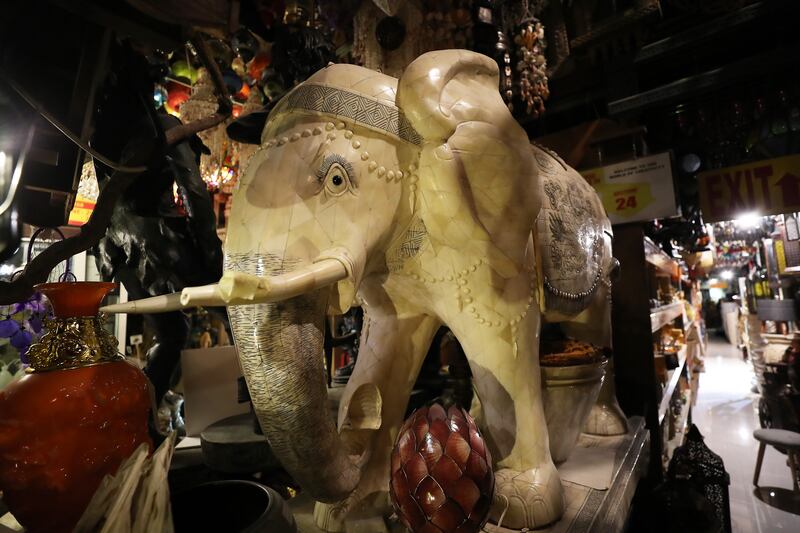 An elephant statue made from camel bone. The piece, from Rajasthan, is priced at Dh120,000. Pawan Singh / The National