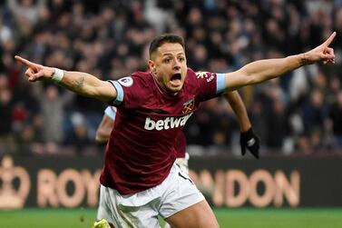 Soccer Football - Premier League - West Ham United v Huddersfield Town - London Stadium, London, Britain - March 16, 2019 West Ham's Javier Hernandez celebrates scoring their fourth goal Action Images via Reuters/Tony O'Brien EDITORIAL USE ONLY. No use with unauthorized audio, video, data, fixture lists, club/league logos or "live" services. Online in-match use limited to 75 images, no video emulation. No use in betting, games or single club/league/player publications. Please contact your account representative for further details.