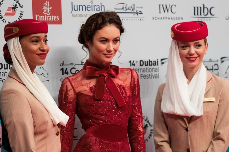 Dubai, United Arab Emirates, December 6, 2017:    Olga Kurylenko walks the red carpet during the opening night of Dubai International Film Festival at Madinat Jumeirah in Dubai December 6, 2017. Christopher Pike / The National

Reporter: Chris Newbould
Section: Arts & Culture