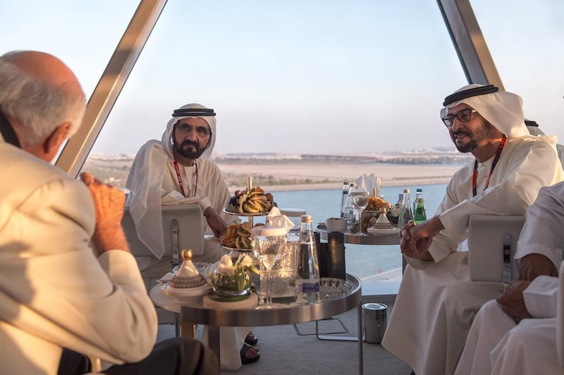 Sheikh Mohammed bin Rashid and Sheikh Hamdan bin Zayed, Ruler’s Representative in the Western Region of Abu Dhabi attend a reception at Shams Tower ahead of the Abu Dhabi Grand Prix. Rashed Al Mansoori / Crown Prince Court — Abu Dhabi