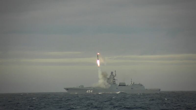 A hypersonic Zircon cruise missile is fired from the Russian guided missile frigate 'Admiral Gorshkov' during a test in the Barents Sea on May 28, 2022.  Russian Defence Ministry
