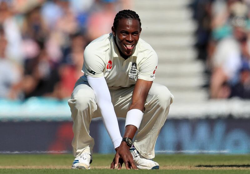 England's Jofra Archer reacts during day four of the fifth test match at The Kia Oval, London. PA Photo. Picture date: Sunday September 15, 2019. See PA story CRICKET England. Photo credit should read: Mike Egerton/PA Wire. RESTRICTIONS: Editorial use only. No commercial use without prior written consent of the ECB. Still image use only. No moving images to emulate broadcast. No removing or obscuring of sponsor logos.