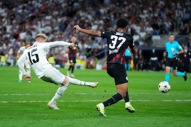 Real Madrid midfielder Federico Valverde scores against Leipzig. AP