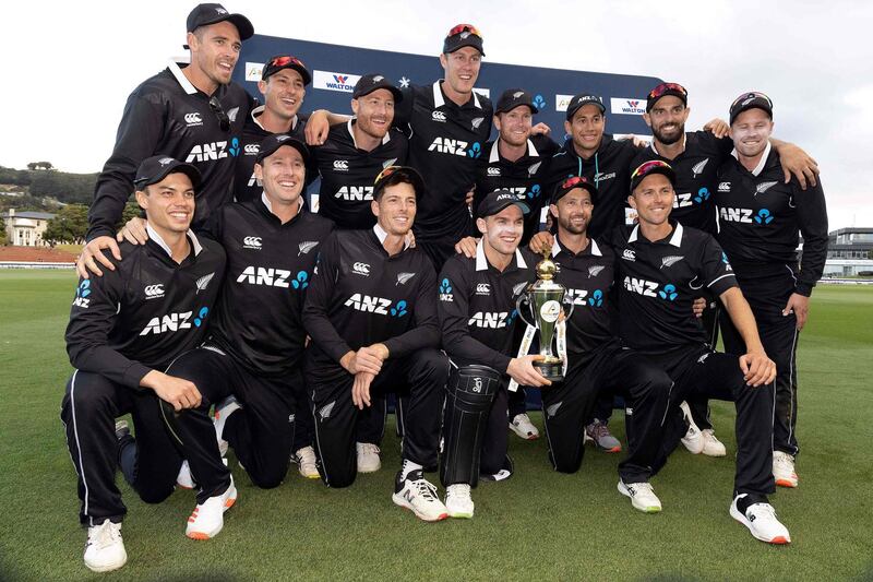 New Zealand pose with the trophy after winning the third ODI against Bangladesh at the Basin Reserve in Wellington on Friday, March 26, to complete a 3-0 series weep. AFP