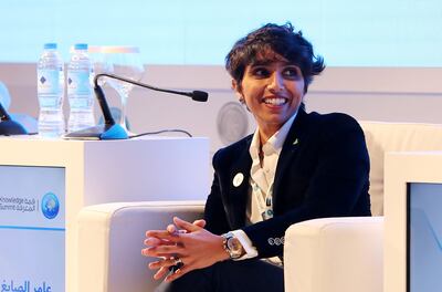 DUBAI , UNITED ARAB EMIRATES , December 6  – 2018 :- Mishaal Ashemimry , Aerospace Engineer and Founder of Mishaal Aerospace speaking during the Knowledge Summit held at Dubai World Trade Centre in Dubai. ( Pawan Singh / The National ) For News. Story by Nick Webster 