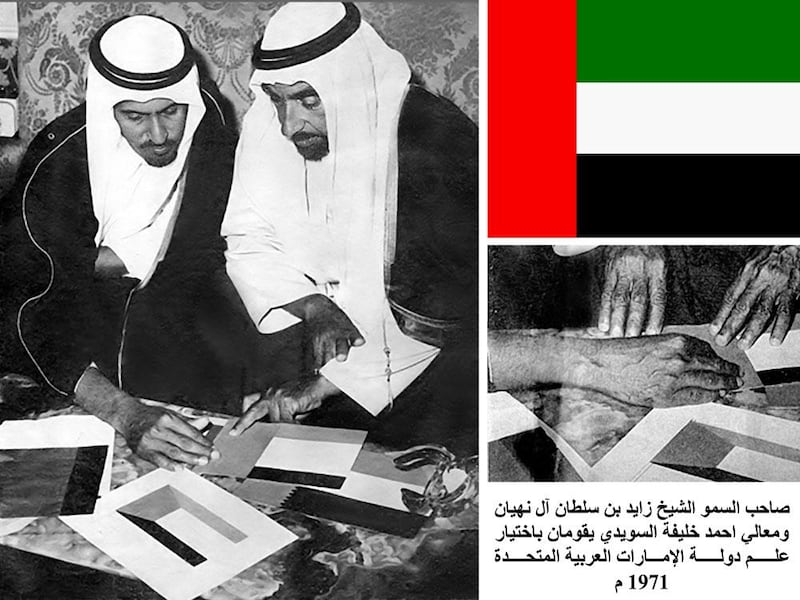 Late Sheikh Zayed & HE Ahmed Khalifa Al Suwaidi Confirming the final pattern of the UAE Flag 1971
Courtesy Dr. Hamed Bin Mohamed Al Suwaidi *** Local Caption *** Courtesy Dr. Hamed Bin Mohamed Al Suwaidi