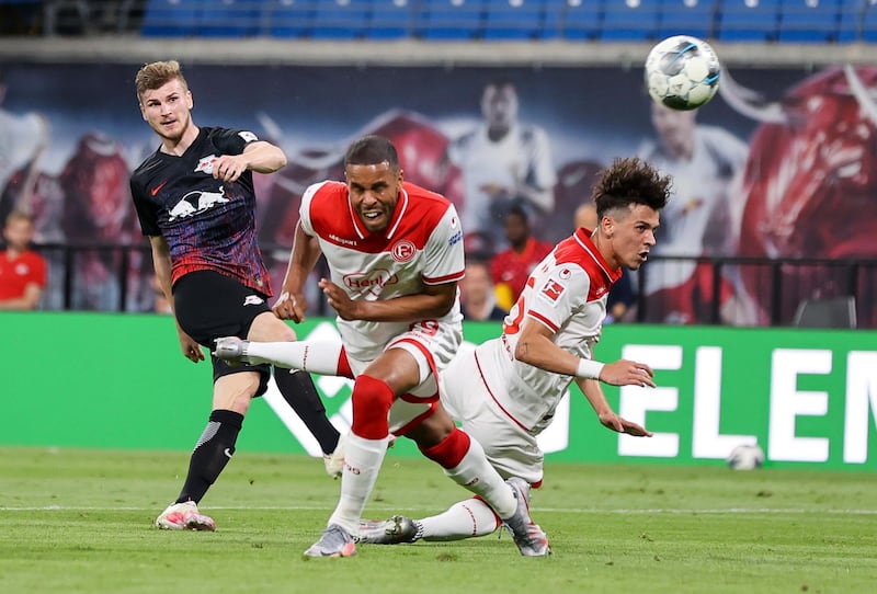 Leipzig's Timo Werner scores his side's second goal against Fortuna Dusseldorf at the Red Bull Arena in the Bundesliga on June 17, 2020. AP