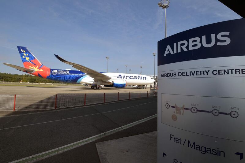 (FILES) In this file photo taken on September 27, 2019, the Airbus delivery center in Colomiers, southwestern France, shows a logo of Aircalin airline based in New Caledonia. 
  The US will impose punitive tariffs on the European Union starting October 18, 2019, following the World Trade Organization decision on Ovtober 2 giving the green light to retaliation on $7.5 billion worth of goods, senior trade officials said. In the case centered on government subsidies to Airbus, a senior official in the office of the US Trade Representative said Washington will hit the EU with 10 percent tariffs on aircraft -- but not aircraft parts -- and 25 percent on other products including some agricultural and industrial goods. / AFP / PASCAL PAVANI
