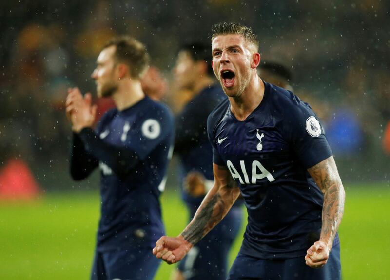 Soccer Football - Premier League - Wolverhampton Wanderers v Tottenham Hotspur - Molineux Stadium, Wolverhampton, Britain - December 15, 2019  Tottenham Hotspur's Toby Alderweireld celebrates after the match                     REUTERS/Andrew Yates  EDITORIAL USE ONLY. No use with unauthorized audio, video, data, fixture lists, club/league logos or "live" services. Online in-match use limited to 75 images, no video emulation. No use in betting, games or single club/league/player publications.  Please contact your account representative for further details.