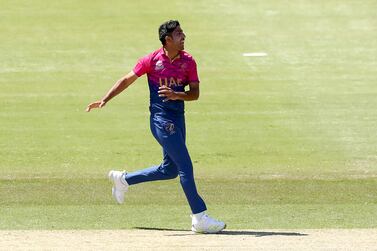 MELBOURNE, AUSTRALIA - OCTOBER 10: Junaid Siddique of the UAE reacts during the ICC 2022 Men's T20 World Cup Warm Up Match between West Indies and United Arab Emirates at Junction Oval on October 10, 2022 in Melbourne, Australia. (Photo by Kelly Defina-ICC/ICC via Getty Images)