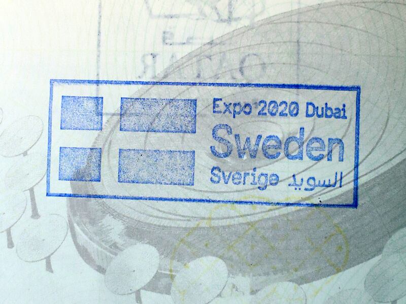 Passport stamp for the pavilion of Sweden.