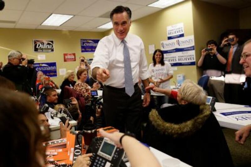 Republican presidential candidate Mitt Romney visits a campaign call center in Green Tree, Pa., Tuesday, Nov. 6, 2012. (AP Photo/Charles Dharapak) *** Local Caption ***  Romney 2012.JPEG-00486.jpg