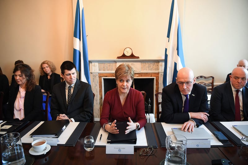 Scotland's outgoing First Minister Nicola Sturgeon chairs her final cabinet meeting at Bute House in Edinburgh. AFP