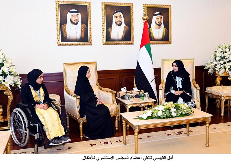 Amal Al Qubaisi, Speaker of the Federal National Council, meets some of the children appointed by the government to give advice on issues related to young people. Wam