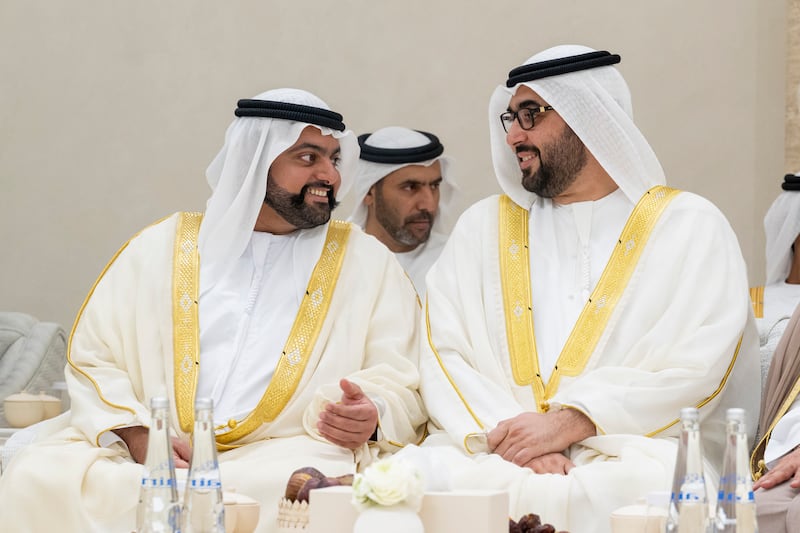 Sheikh Mohammed bin Hamad Al Sharqi, Crown Prince of Fujairah, speaks with Sheikh Rashid bin Saud Al Mualla, Crown Prince of Umm Al Quwain at the reception. Photo: Hamad Al Kaabi / UAE Presidential Court