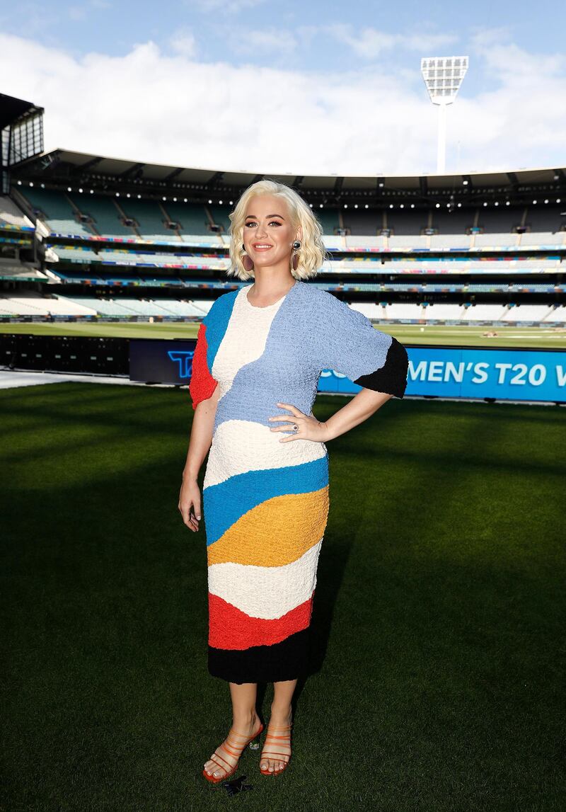 MELBOURNE, AUSTRALIA - MARCH 07: Singer Katy Perry poses during the 2020 ICC Women's T20 World Cup Media Opportunity at Melbourne Cricket Ground on March 07, 2020 in Melbourne, Australia. (Photo by Ryan Pierse/Getty Images)