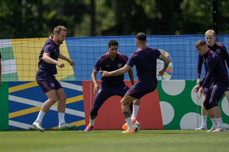 England's Harry Kane and Jude Bellingham during training. AP