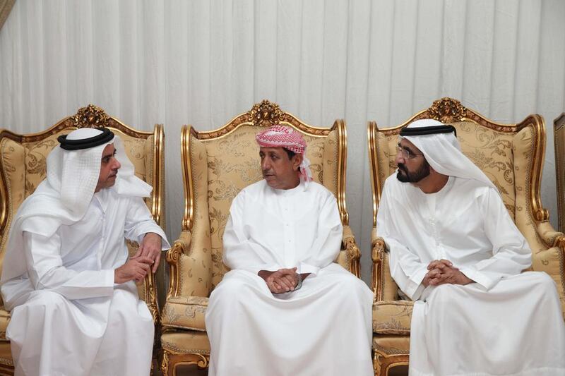 Sheikh Mohammed Bin Rashid offers condolences in the Shahidi home Saif Al Zaabi and Abdullah Hamoudi. WAM