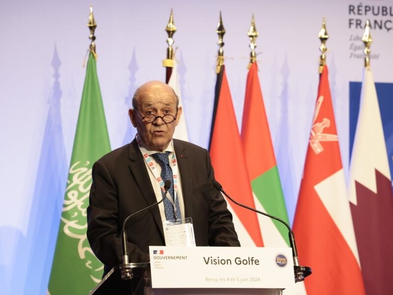 Afalula chairman and former French defence minister Jean-Yves Le Drian speaks at Vision Golfe on Wednesday. Photo: Business France