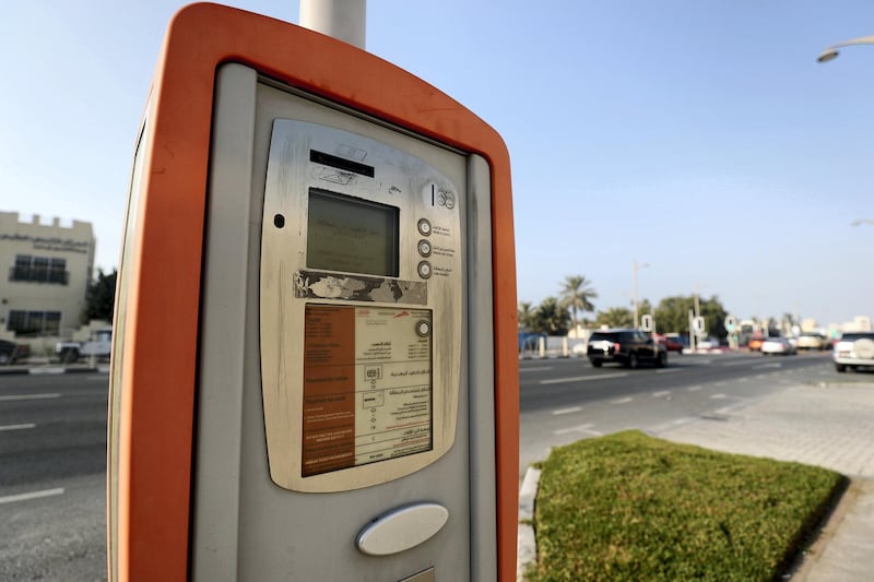 Dubai, United Arab Emirates - February 8th, 2018: General Views of a parking meter. Thursday, February 8th, 2018. Jumeirah Beach Road, Dubai. Chris Whiteoak / The National