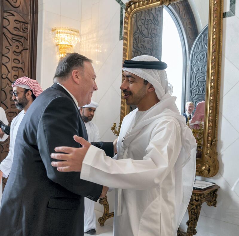 ABU DHABI, UNITED ARAB EMIRATES - September 19, 2019: HH Sheikh Abdullah bin Zayed Al Nahyan, UAE Minister of Foreign Affairs and International Cooperation (R), greets Michael R Pompeo, Secretary of State of the United States of America (L), prior to a meeting the Sea Palace



( Mohamed Al Hammadi / Ministry of Presidential Affairs )
---