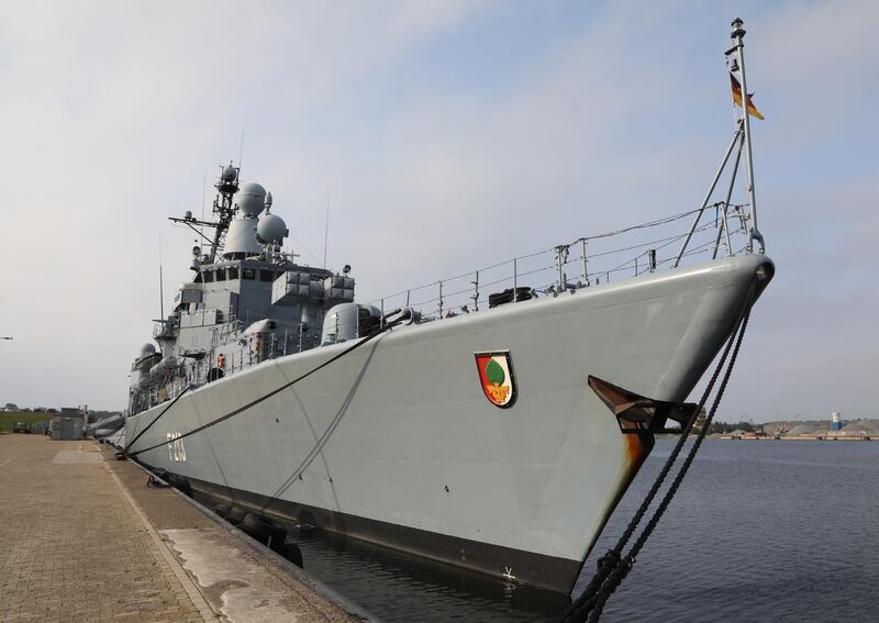 epa07310869 (FILE) - German Navy (Bundesmarine) frigate Augsburg (F213) docked in Wilhelmshaven, northern Germany, 03 September 2018 (reissued 23 January 2019). Media reports quoting military sources state on 23 January 2019, that Germany will not be sending any more ships in the Mediterranean Sea suspending its participation in the EU mission Sophia (EU NAVFOR Med), which is aimed at combatting criminal networks and people smuggling in the Mediterranean Sea. German Navy frigate Augsburg, currently stationed off the coast of Libya, will not be replaced upcoming February after concluding a five-month deployment in the Mediterranean Sea, media added.  EPA/FOCKE STRANGMANN *** Local Caption *** 54599143