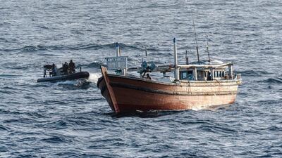 Boarding teams from FS Guépratte approach a suspicious vessel in the Arabian Sea. A later search operation uncovered almost 1,400 lbs of methamphetamine and heroin. Marine Nationale