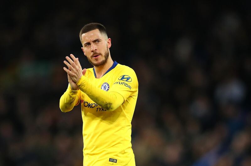 LIVERPOOL, ENGLAND - MARCH 17:  Eden Hazard applauds fans after the game during the Premier League match between Everton FC and Chelsea FC at Goodison Park on March 17, 2019 in Liverpool, United Kingdom. (Photo by Catherine Ivill/Getty Images)
