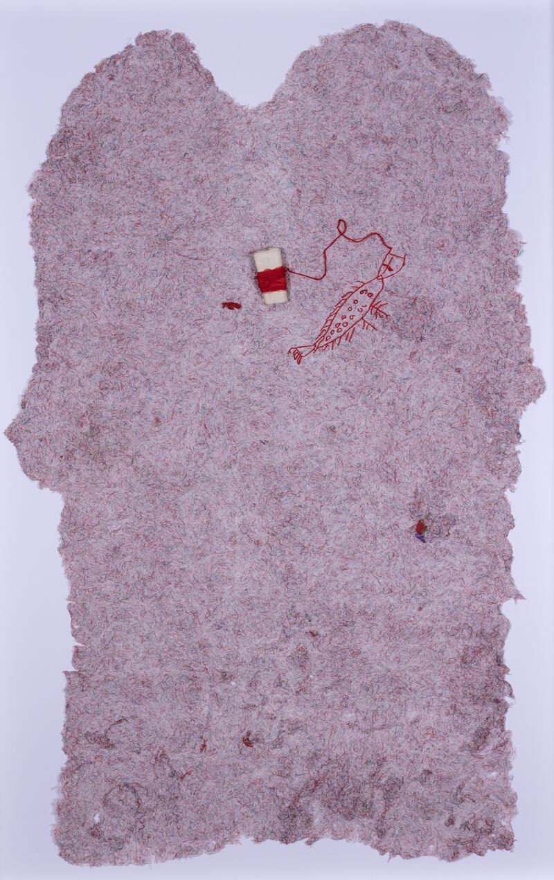 Taqwa Al Naqbi - The Red Dress, 2016
Papermaking, embroidery, 'Talli' cotton thread. Photo: UAE Ministry of Culture and Youth