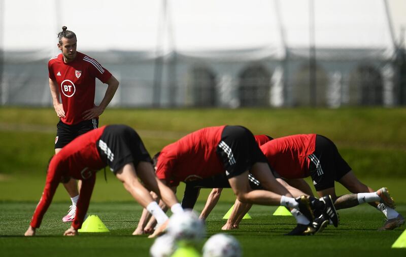 Captain Gareth Bale looks on during Wales' training session. Getty