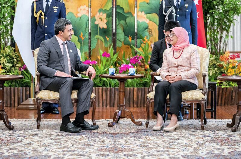 Sheikh Abdullah bin Zayed, UAE Minister of Foreign Affairs, meets the President of Singapore, Halimah Yacob. WAM