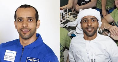 UAE astronaut Hazza Al Mansouri before going to space and, right, while on the ISS
