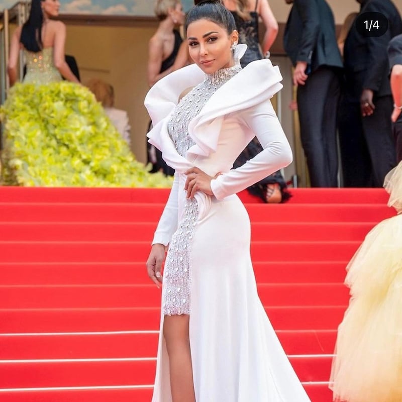 Emirati actress  Mahira Abdel Aziz wearing a white collared Georges Hobeika gown to attend the 'Top Gun: Maverick' premiere on May 18. Photo: Georges Hobeika