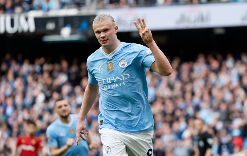 Manchester City's Erling Haaland celebrates scoring their third goal to complete his hat-trick. PA 