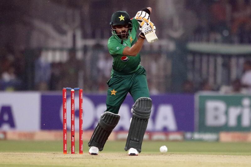 epa07899016 Pakistani cricketer Babar Azam plays a shot  during the first T20 Cricket match in Lahore, Pakistan, 05 October 2019. Pakistan and Sri Lank will play three Twenty20 Internationals (T20s) in Lahore starting 05 October.  EPA/RAHAT DAR