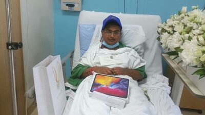 Pritvik Sinhadc pictured with the iPad he received from Sheikh Mohammed bin Rashid, Vice President and Ruler of Dubai, last year when in hospital. Photo by Indira Dharchaudhuri