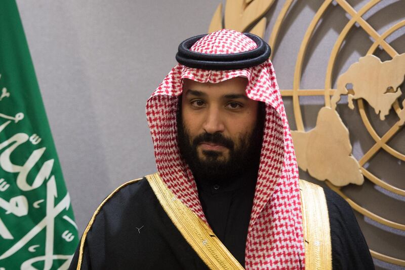 Prince Mohammed bin Salman Al Saud, Crown Prince, Kingdom of Saudi Arabia,  attends a meeting with the United Nations Secretary-General Antonio Guterres (out of frame) at the United Nations on March 27, 2018 in New York.  / AFP PHOTO / Bryan R. Smith