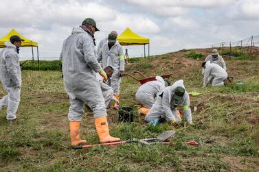 Forensic workers inspect a zone during the exhumation of a mass-grave of hundreds of Yazidis killed by Islamic State group militants in northern Iraq AFP