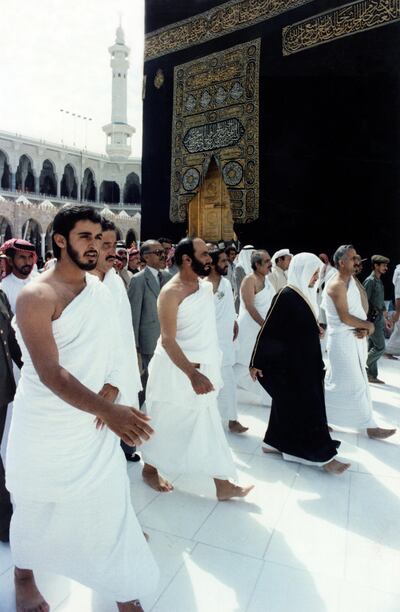 Sheikh Mohamed, Sheikh Zayed and the Ruler of Umm Al Quwain, Sheikh Rashid bin Ahmad, perform Umrah in this undated picture from the 1980s. Courtesy: The National Archives, Abu Dhabi
