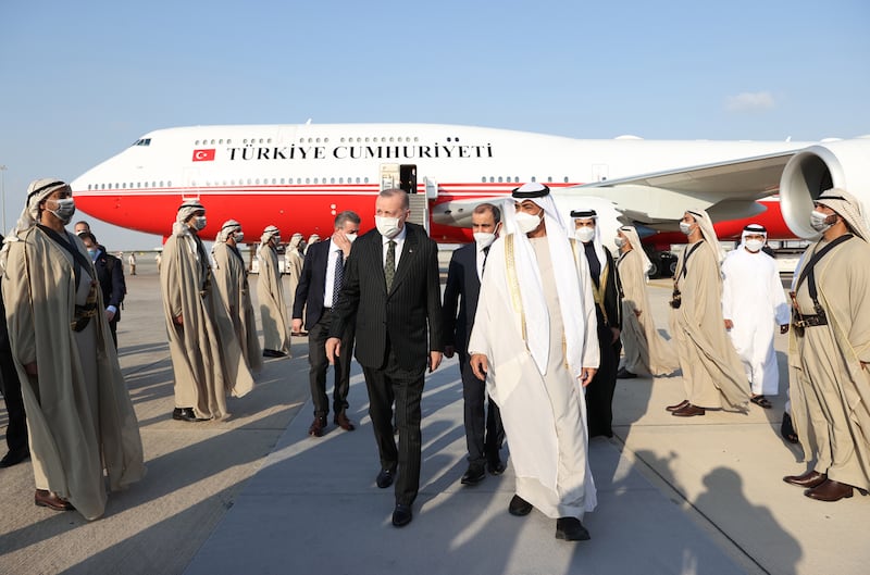 Turkish President Recep Tayyip Erdogan and Crown Prince of Abu Dhabi Sheikh Mohamed bin Zayed Erdogan pictured at Abu Dhabi airport's presidential terminal. Photo: Turkish President Press Office