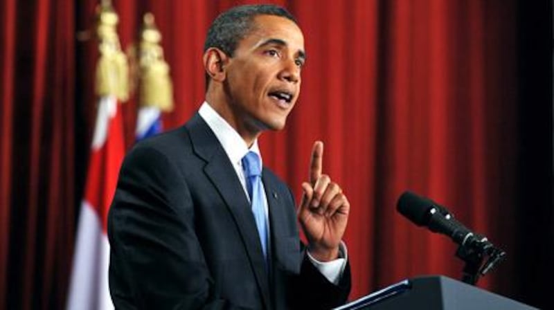 Barack Obama speaking at Cairo University on June 4, 2009.