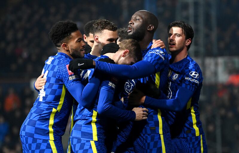 Romelu Lukaku celebrates with teammates after scoring Chelsea's winner in the 3-2 triumph at Luton in the FA Cup fifth round. Getty