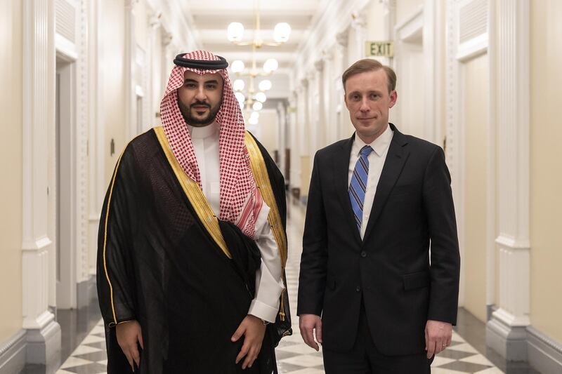 Saudi Arabia’s Deputy Minister of Defence Prince Khalid bin with US national security adviser Jake Sullivan. SPA